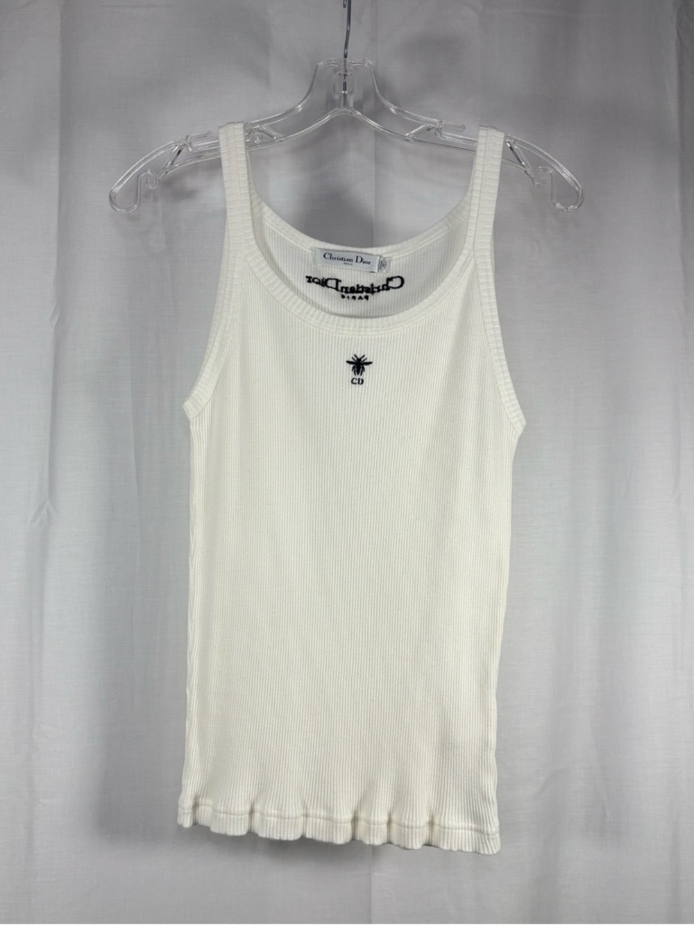 EUC CHRISTIAN DIOR White Ribbed Tank with Black CD Bee Embroidery Size L